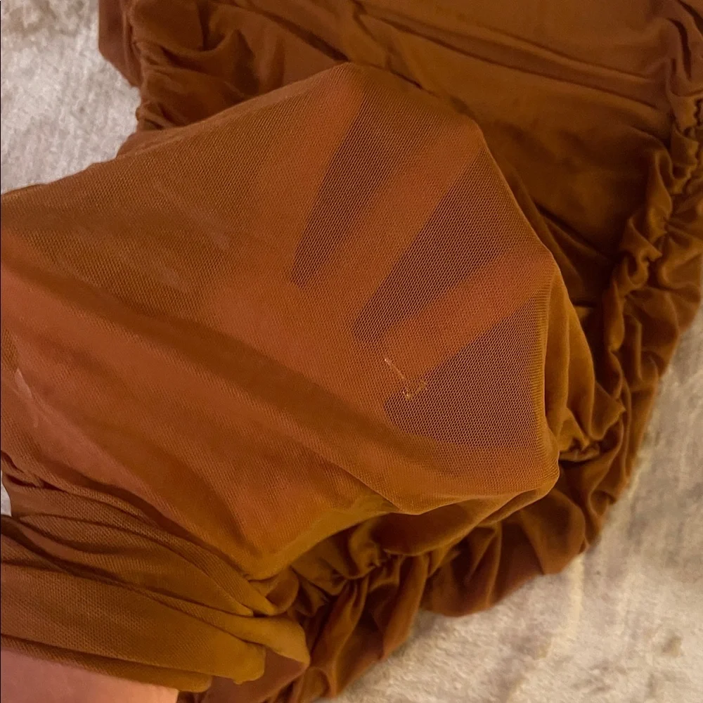 Elegant Brown Long Sleeve sheer scrunched Dress - Picture 6 of 6